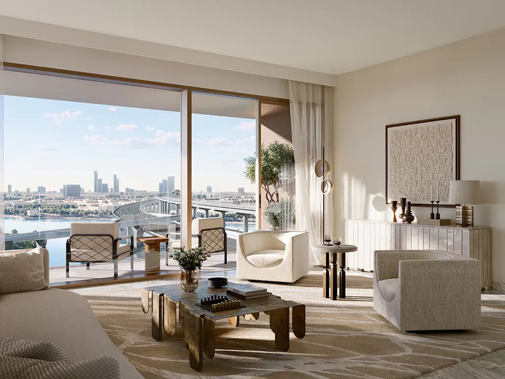 Living room of a 2 bedroom apartment at Palace Creek Blue with creek views
