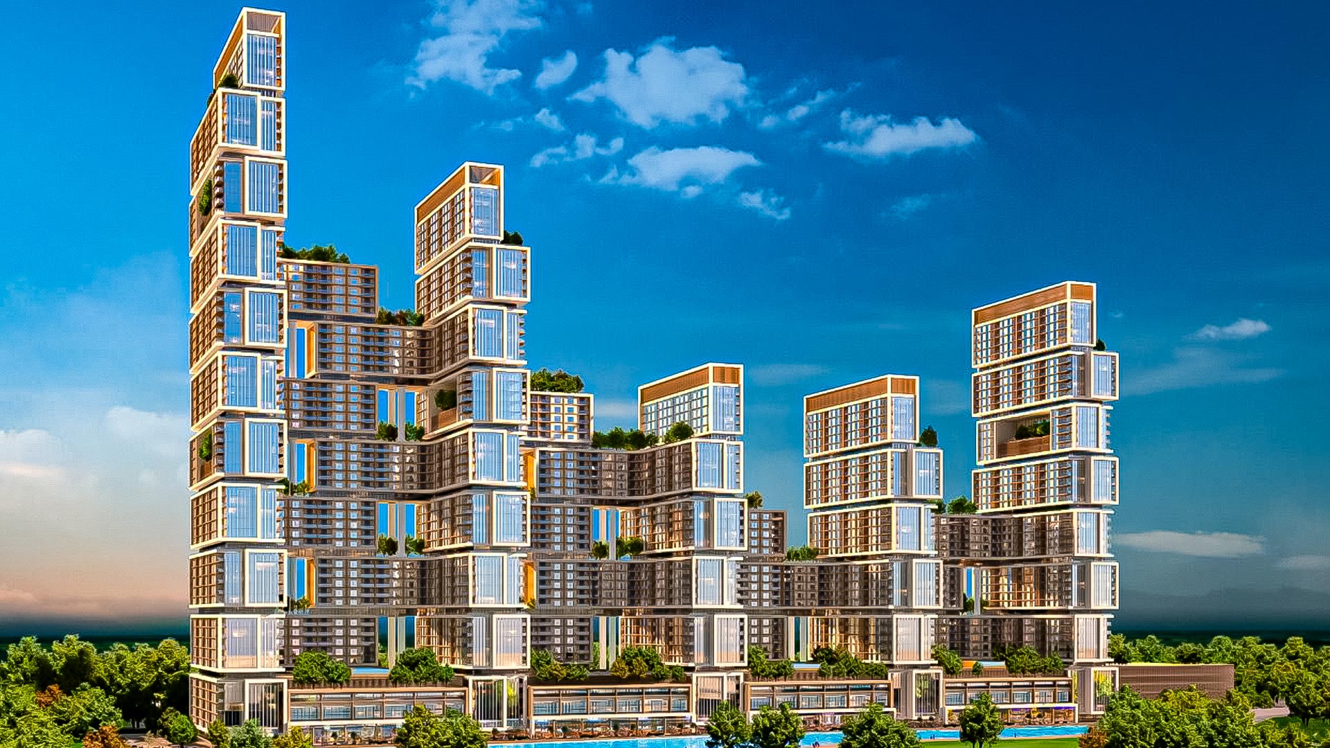 Rendu architectural d'une communauté résidentielle Sobha : tours interconnectées avec jardins suspendus et piscines sous un ciel bleu