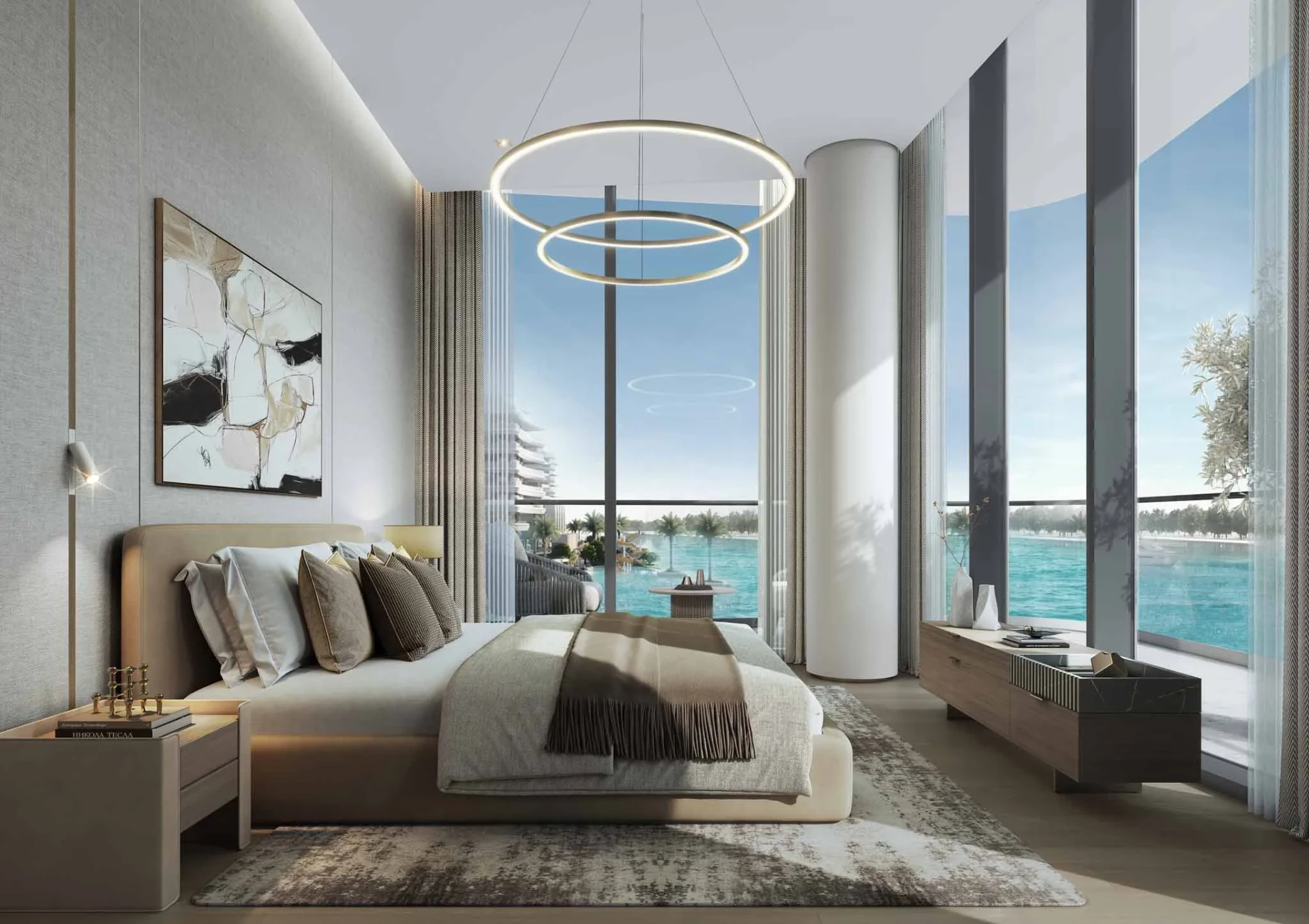 Chambre principale avec vue sur la lagune à Sobha City Abu Dhabi