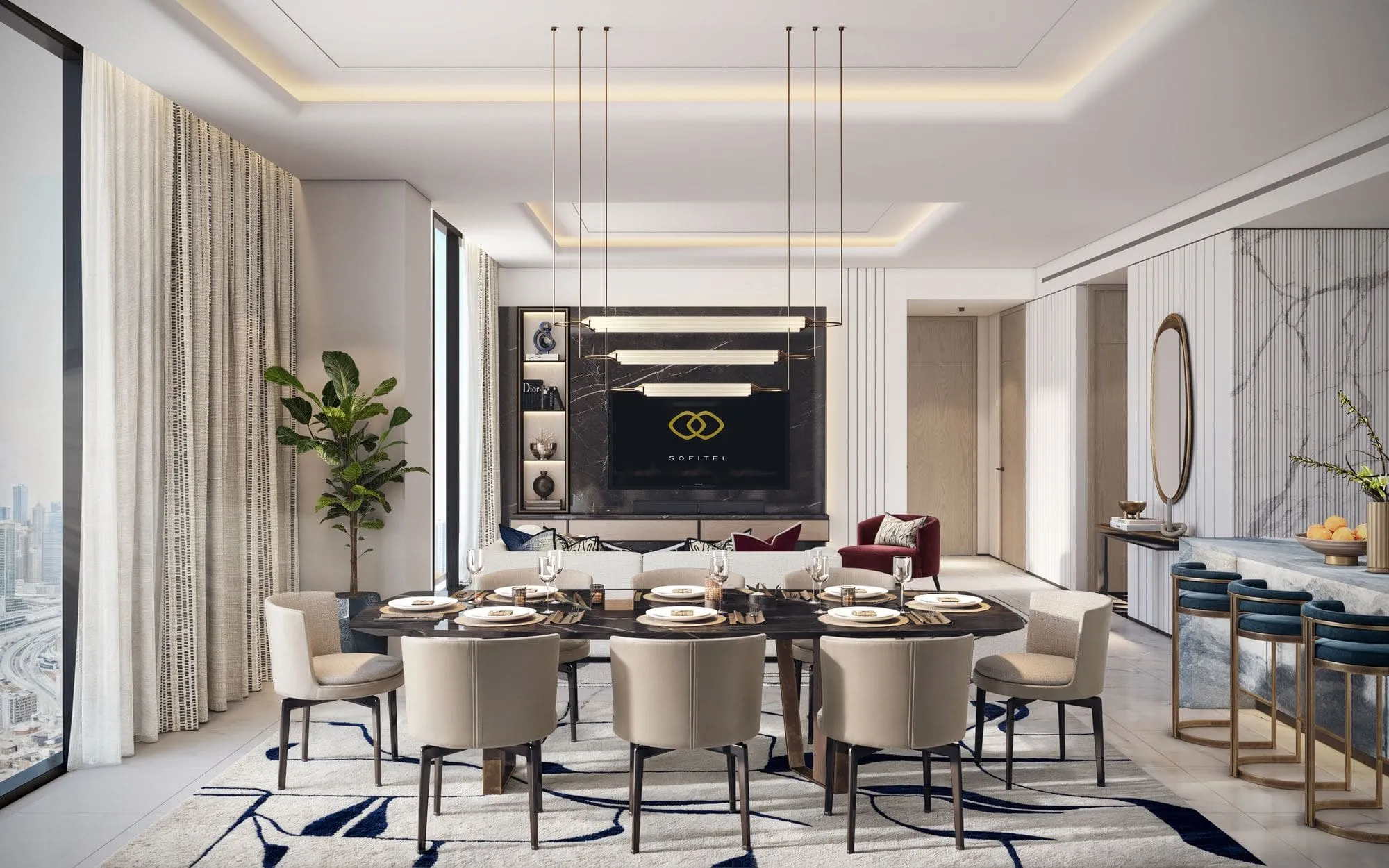 Séjour et salle à manger d’un appartement Sofitel Residences Downtown, Dubaï