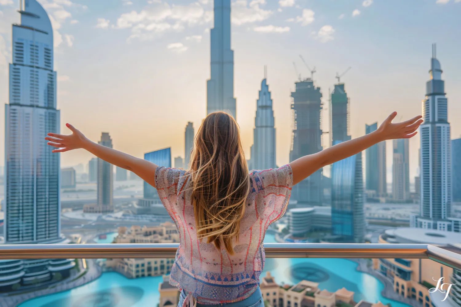 Skyline de Dubaï au coucher du soleil, quartier Downtown et Burj Khalifa