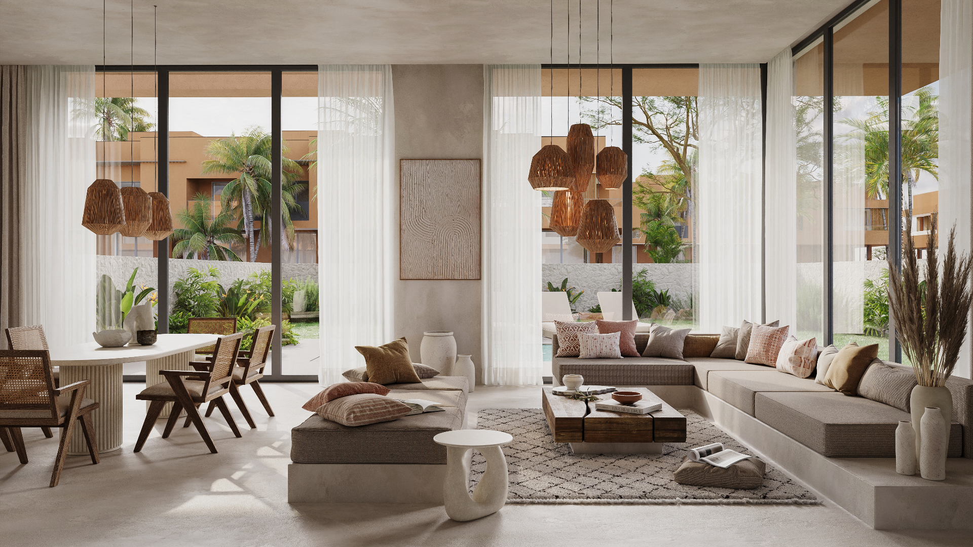 Living and dining area opening onto the garden and pool