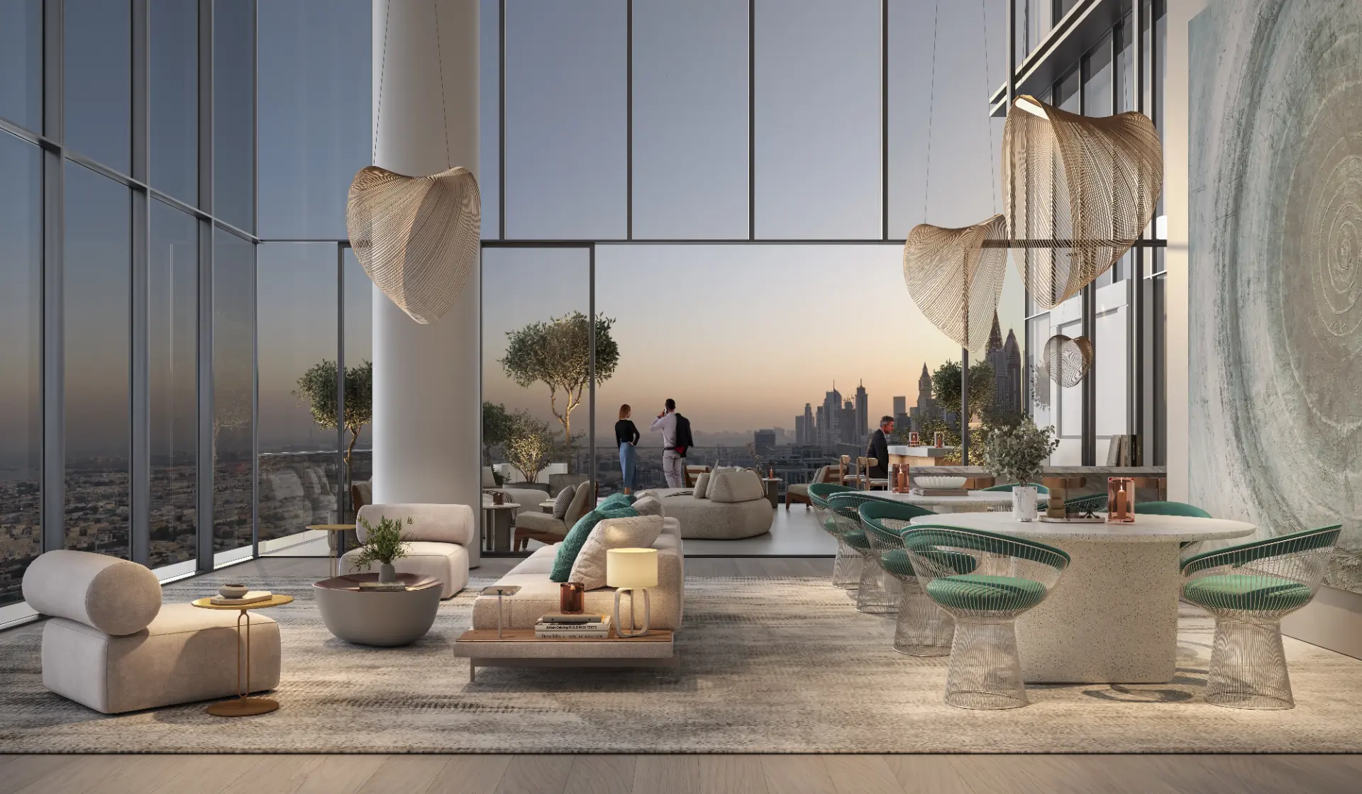 Salon d’un appartement Verve City Walk avec vue sur la skyline de Dubaï