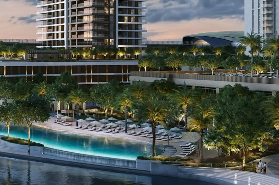 Landscaped beach and gardens at Dubai Creek Harbour