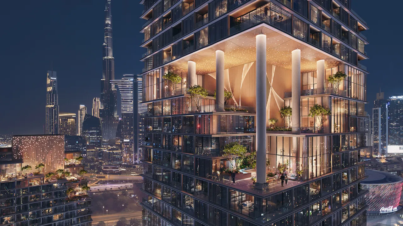 Verve City Walk de nuit, terrasses suspendues face au Burj Khalifa