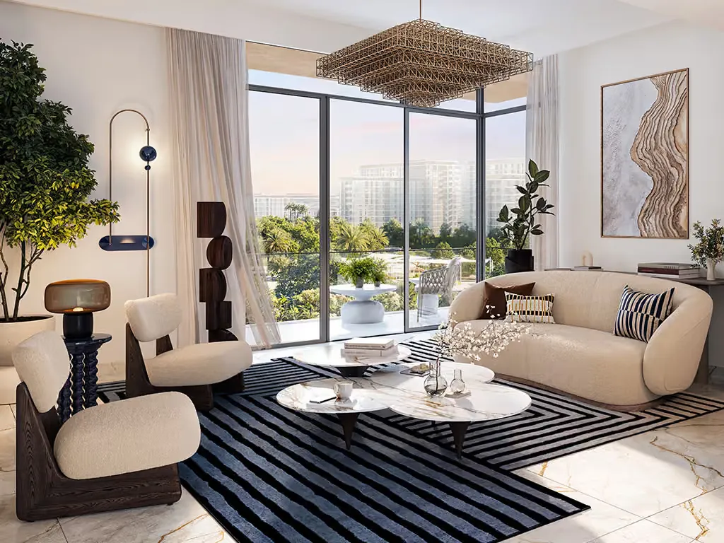 Corner living room with floor to ceiling windows, Address Residences Dubai Hills