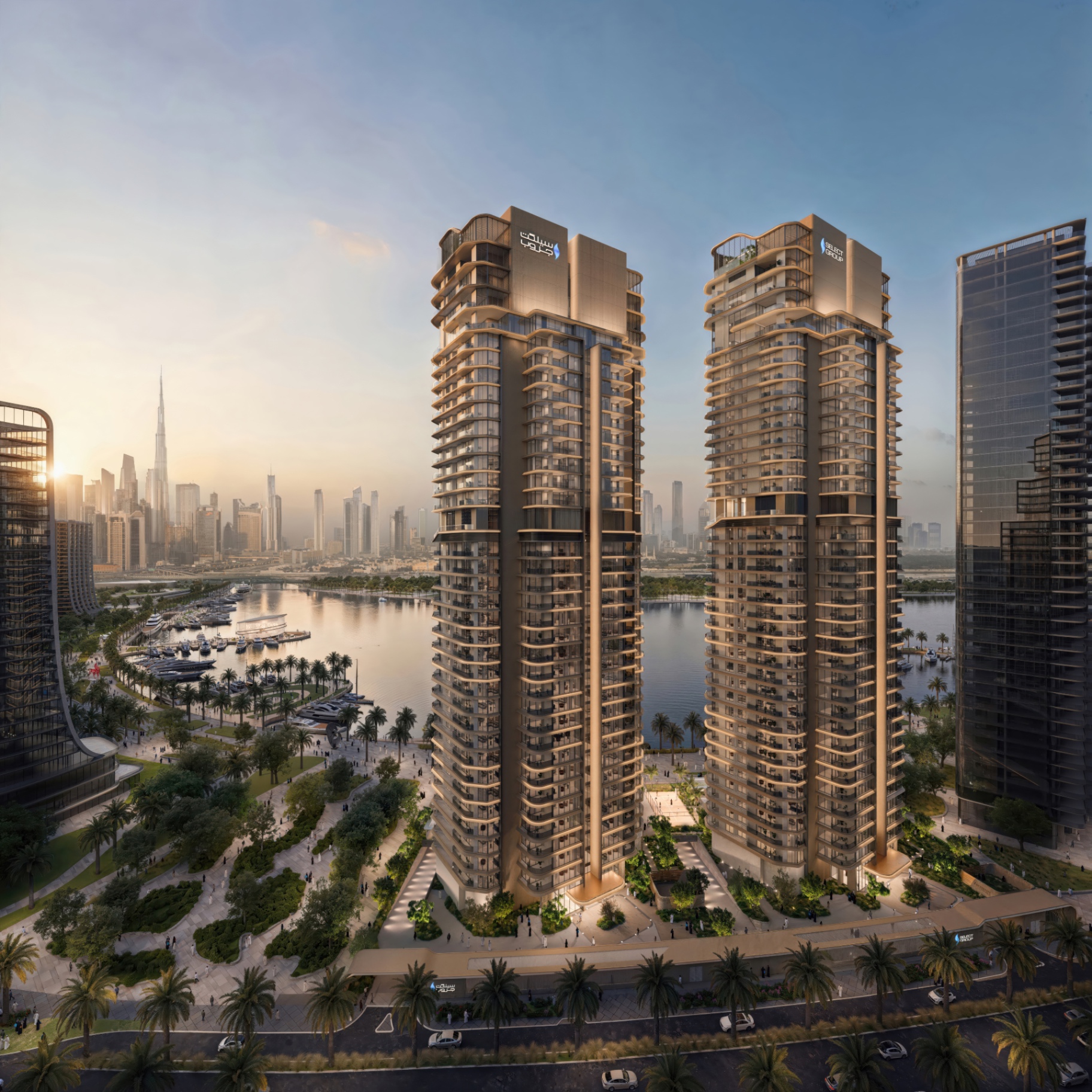 Artistry One Residences towers by Select Group seen from the Dubai Design District promenade