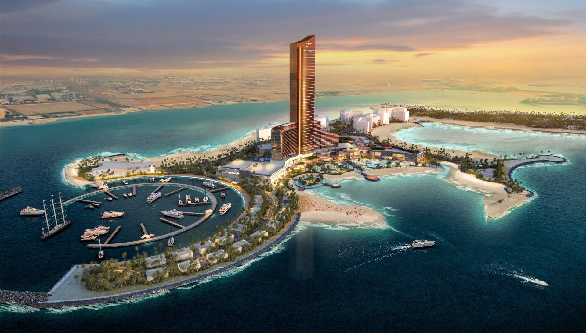 Vue aérienne du Wynn Al Marjan Island, resort et casino en construction sur l'archipel de Ras Al Khaimah