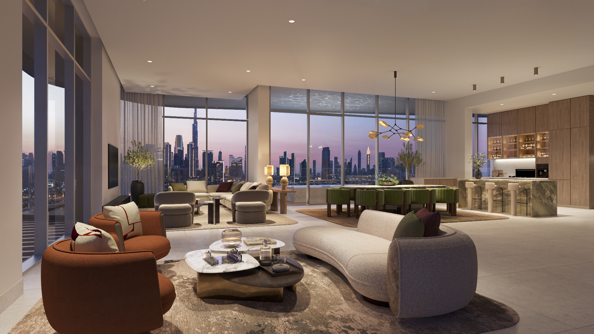 Penthouse living room at Artistry One Residences opening onto the Dubai skyline
