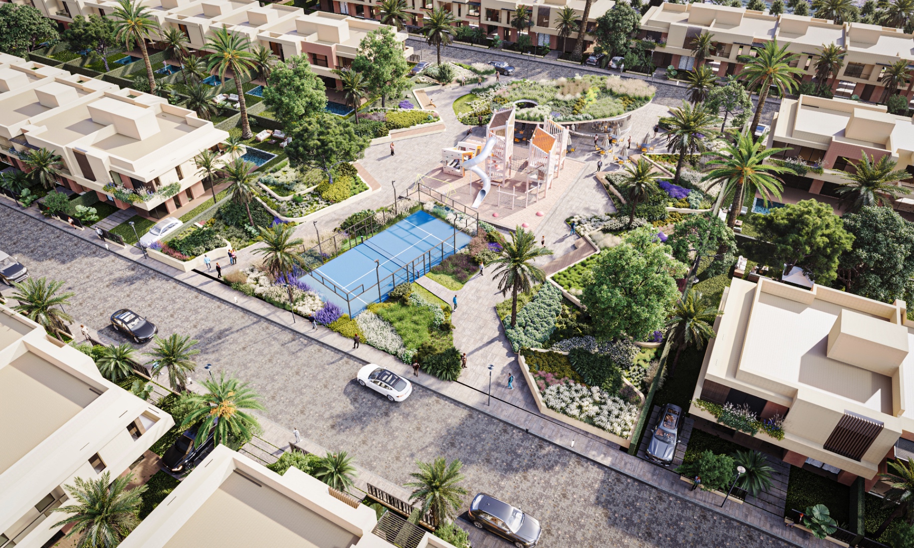 Aerial view of the community, padel court and gardens
