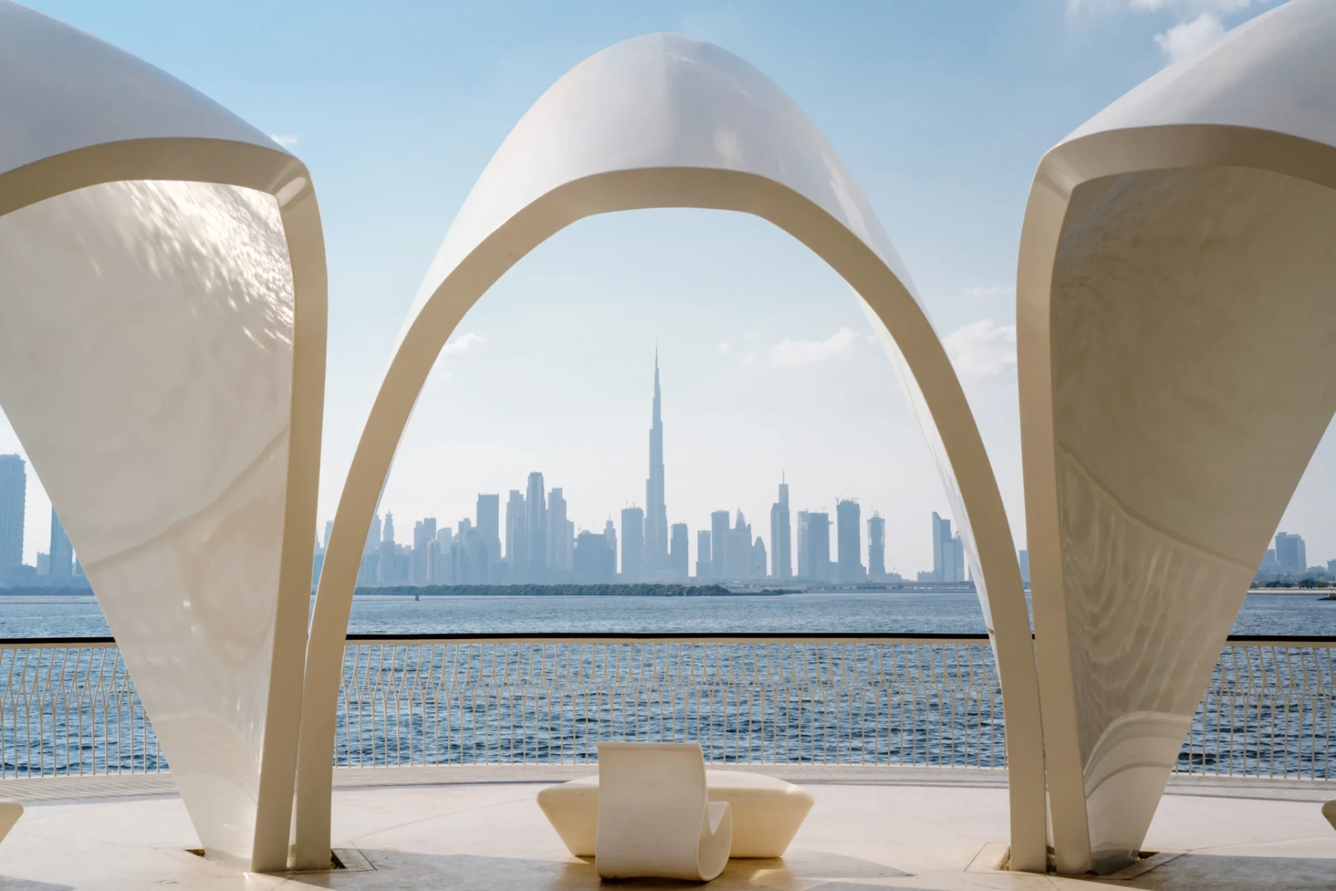 Waterfront arches with Burj Khalifa views at Dubai Creek Harbour