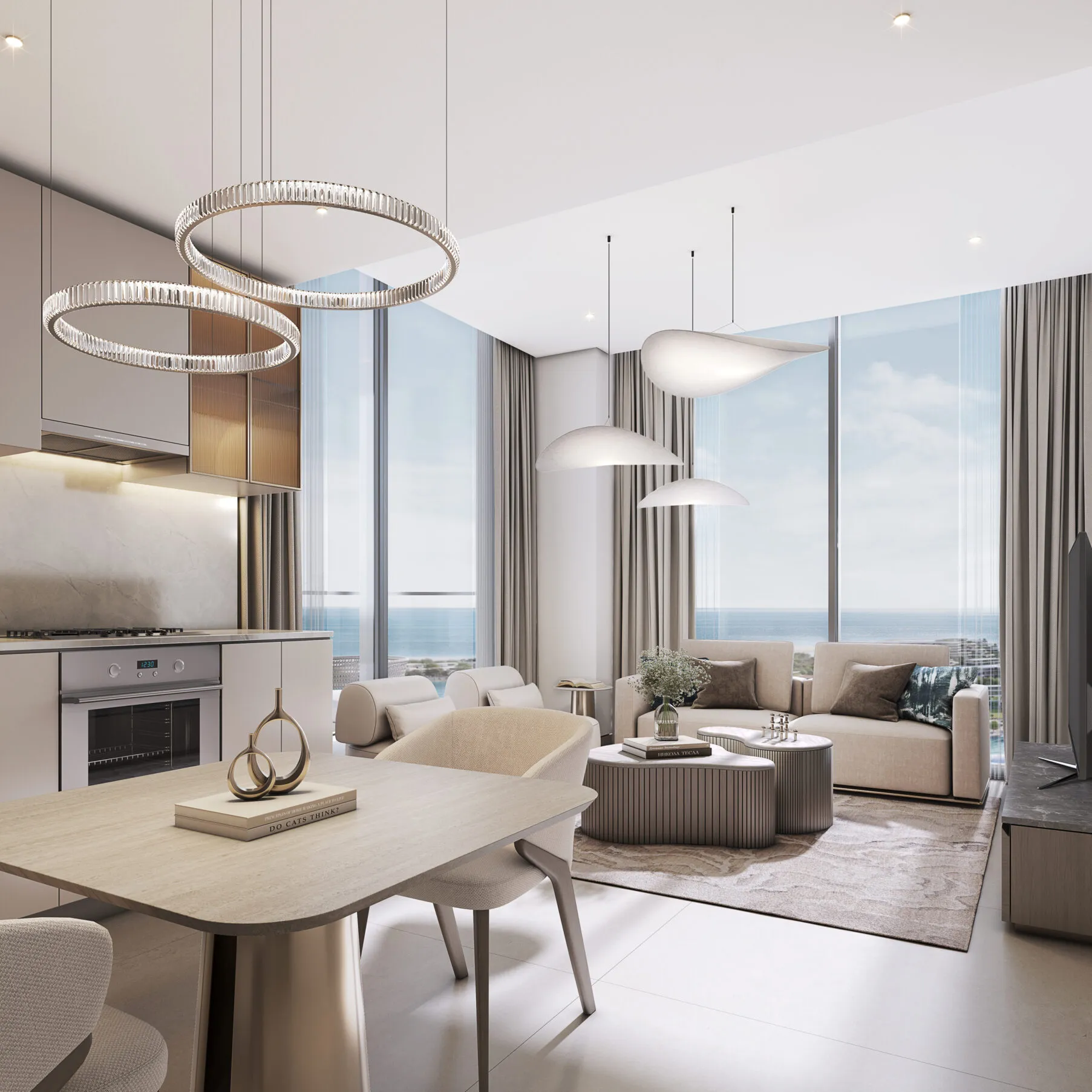 Séjour d'un appartement River Cove avec vue mer à Sobha City