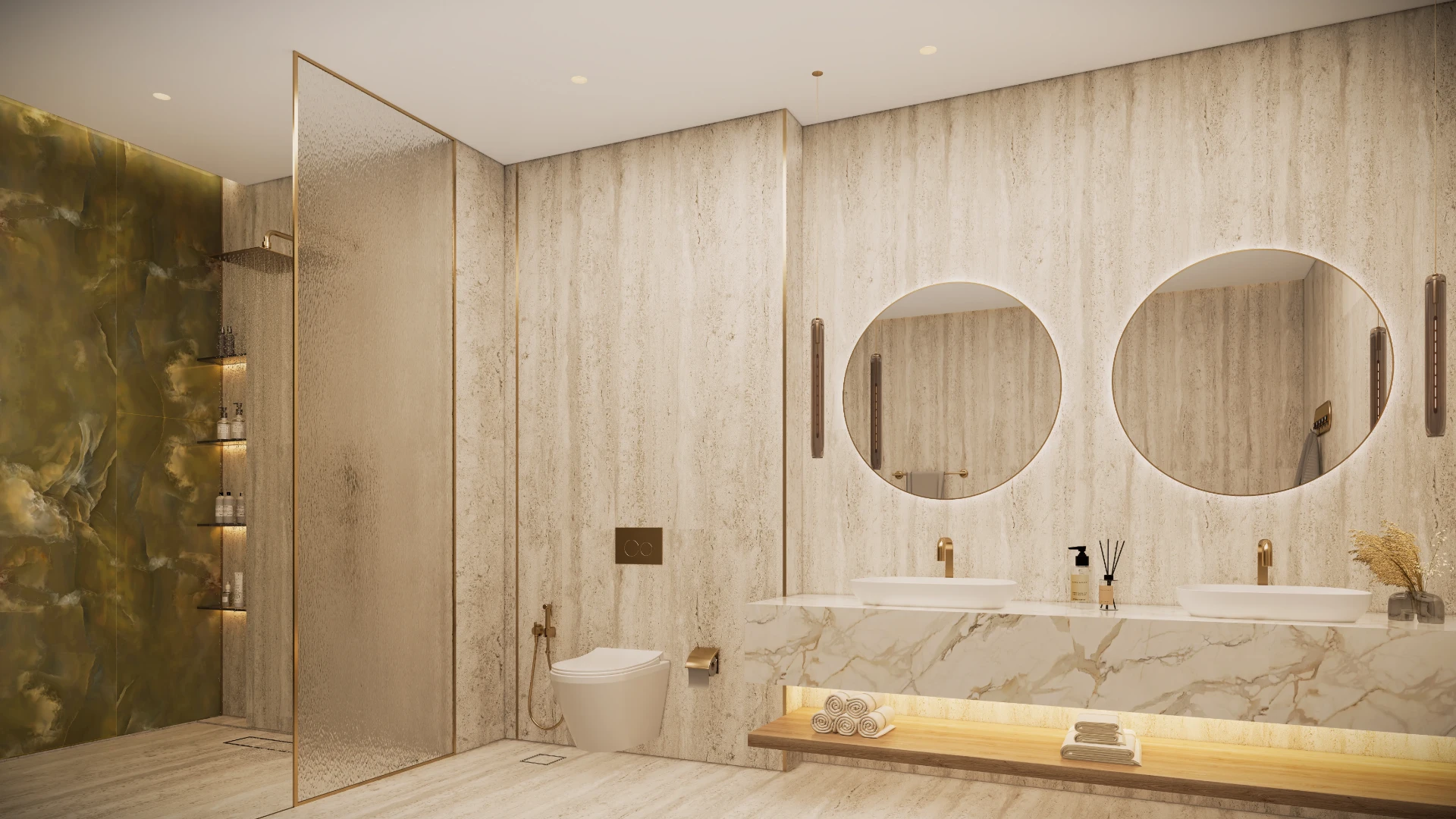Salle de bain en travertin et onyx, Royal Yacht Club Residence, Dubai Islands
