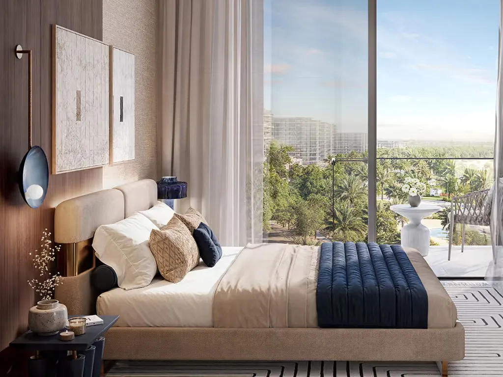Master bedroom overlooking the gardens of Dubai Hills Estate