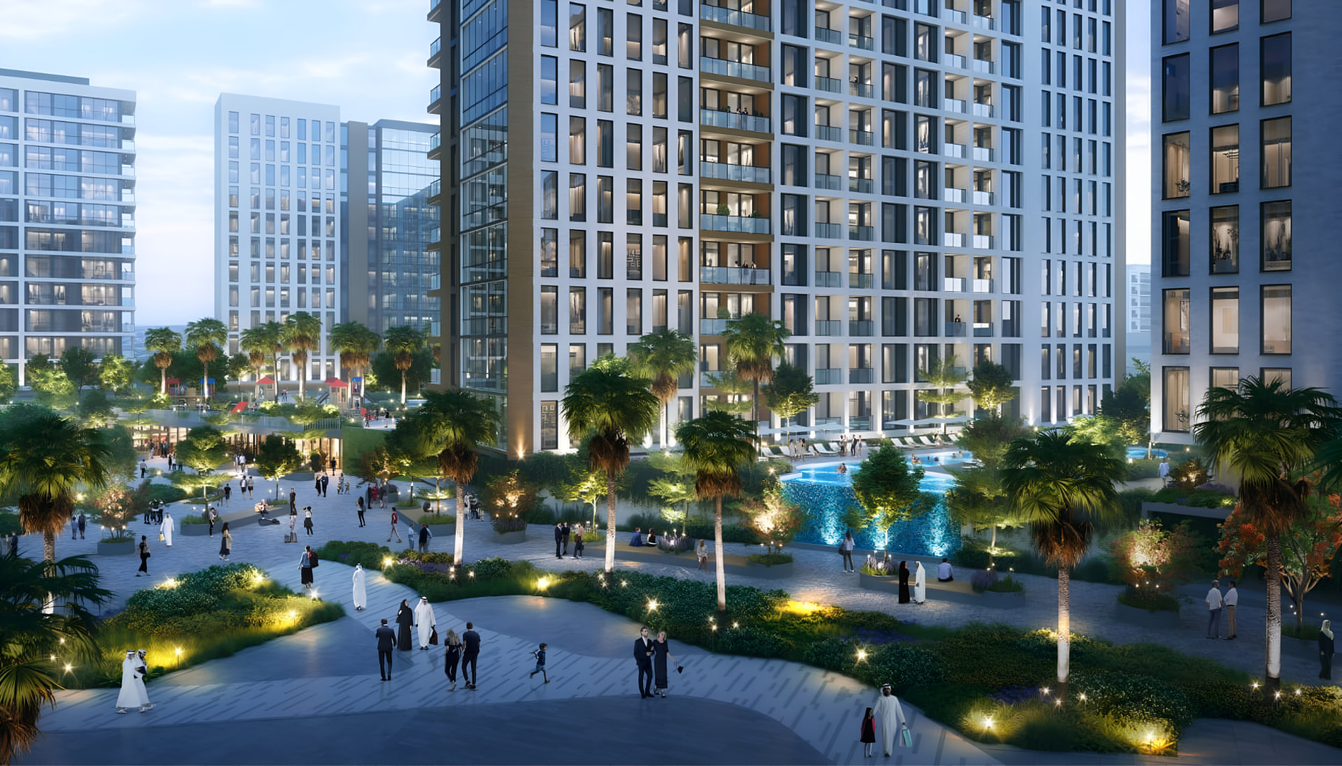 Landscaped podium gardens and promenade at Address Residences