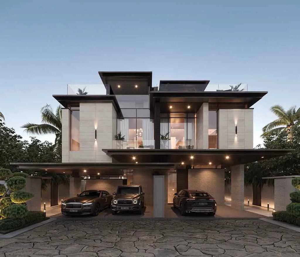 Facade of a LUA Villas home in Meydan, Dubai, at dusk