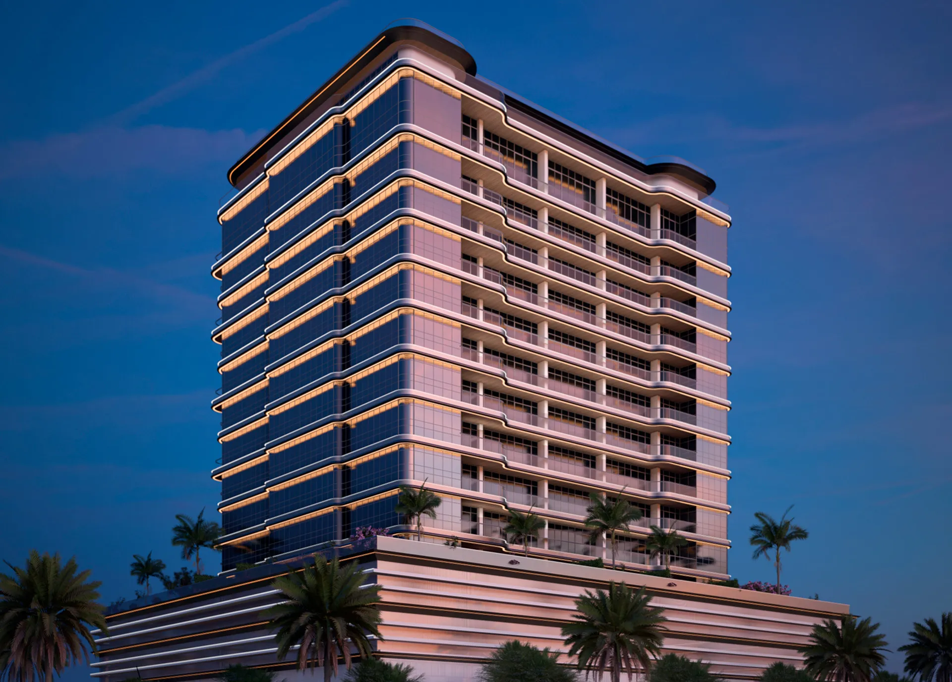 Façade des Sofitel Residences Downtown Dubaï au crépuscule