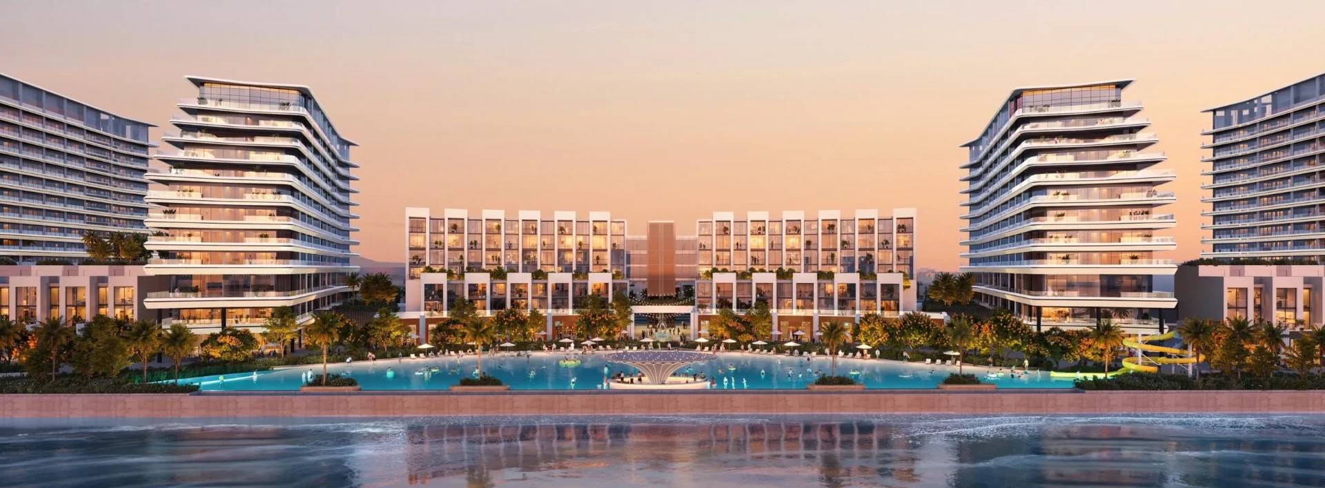 Lagune et résidences de Sobha City Abu Dhabi au coucher du soleil
