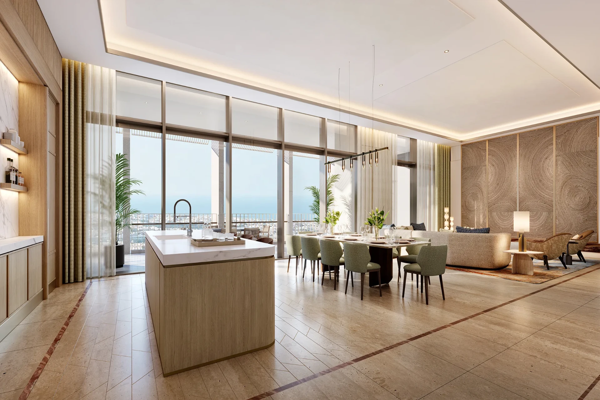 Cuisine ouverte et salle à manger avec vue sur Dubaï