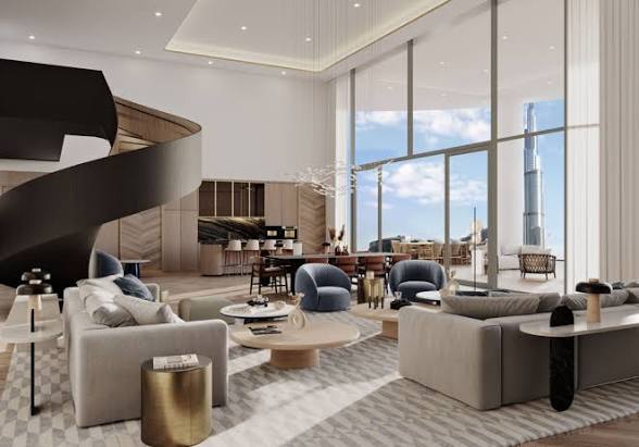 Double height living room of a Keturah Reserve villa overlooking Downtown Dubai