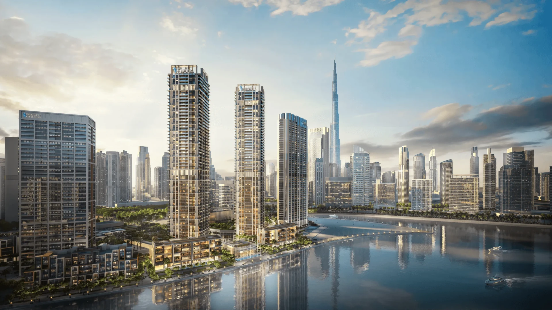 Canal-side residences in Dubai with the Burj Khalifa in the background