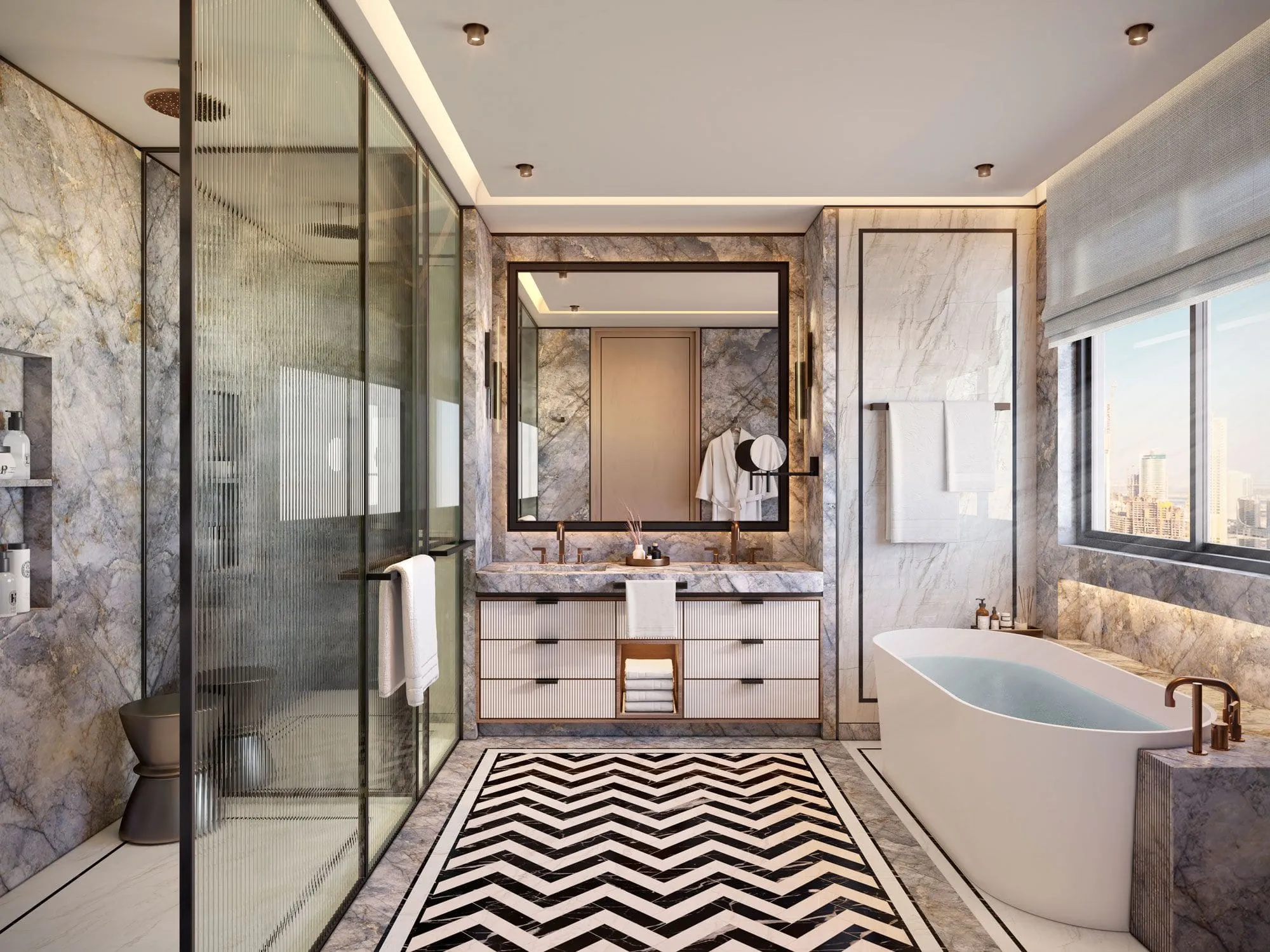 Salle de bain en marbre d’un appartement Sofitel Residences Downtown, Dubaï