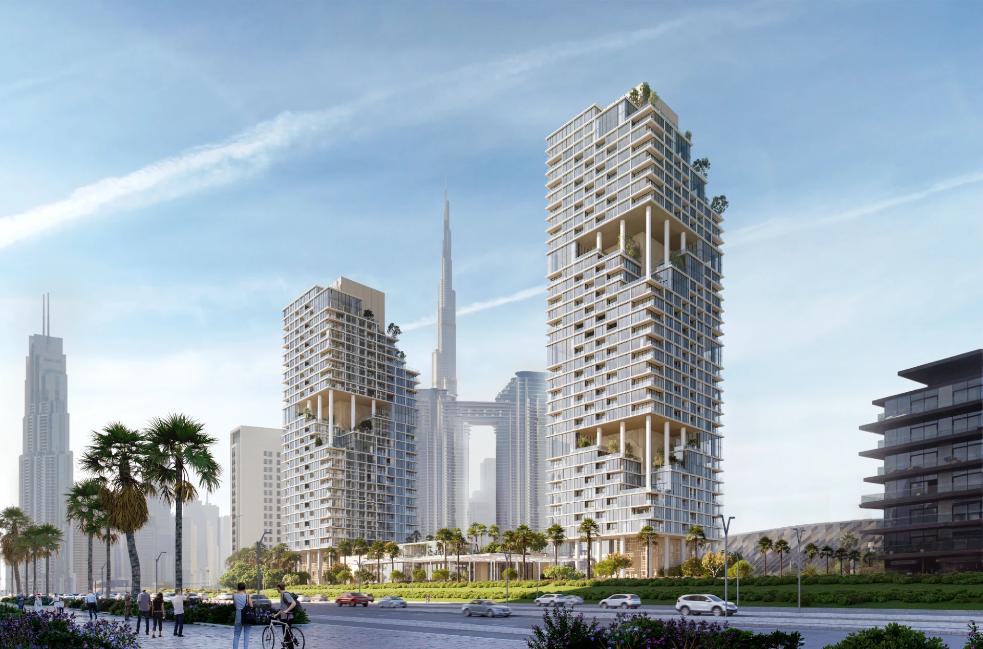 Les tours Verve à City Walk, Dubaï, avec le Burj Khalifa en arrière-plan