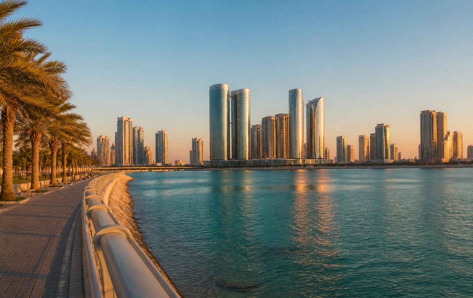 Corniche d’Abu Dhabi au coucher du soleil, tours résidentielles d’Al Reem Island vues depuis le front de mer