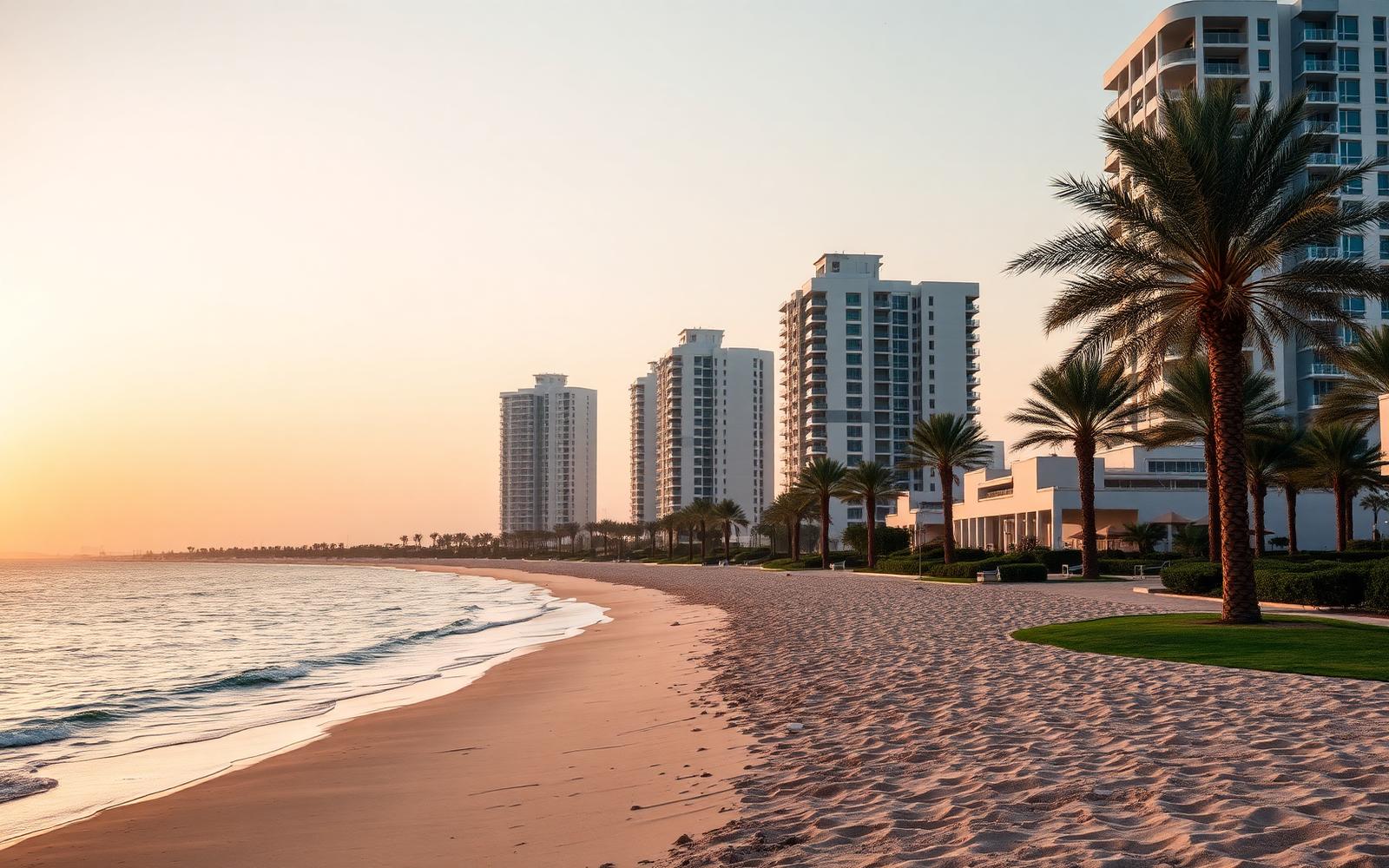 Waterfront residences and beach on Saadiyat Island in Abu Dhabi at sunrise