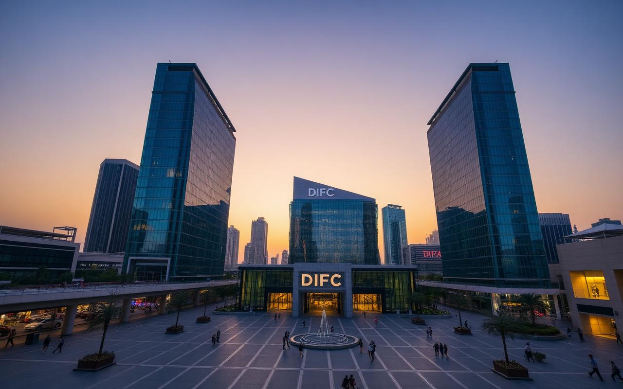 Tours de verre du Dubai International Financial Centre autour d'une place piétonne au crépuscule