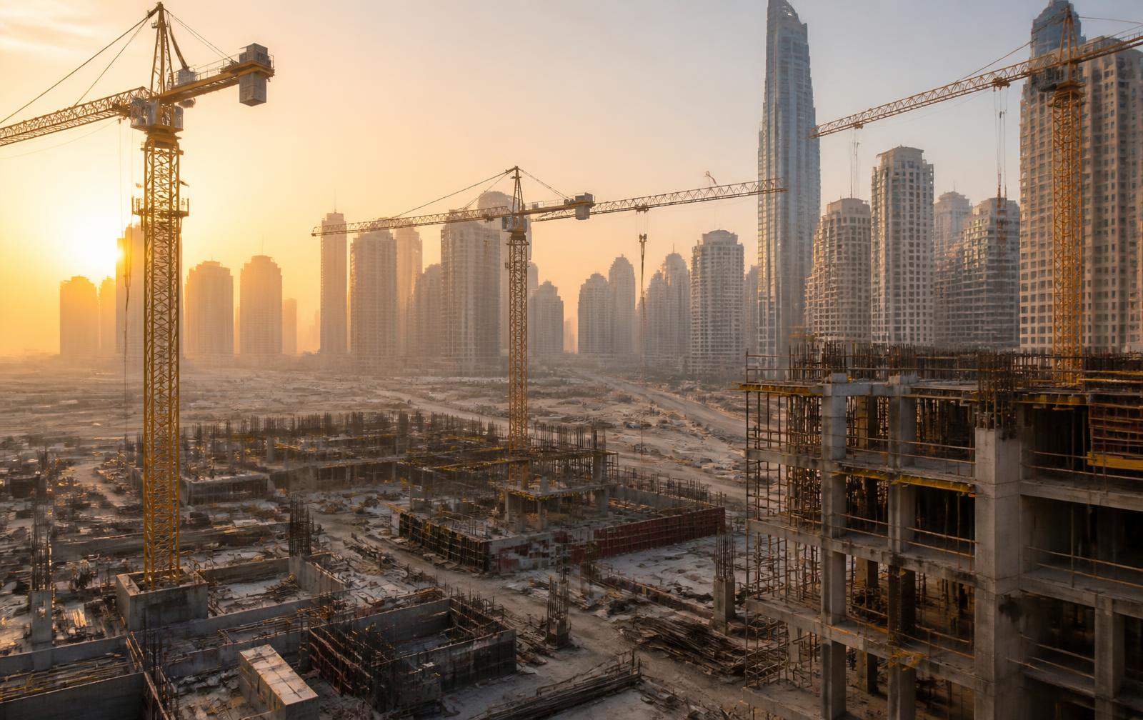 Chantier de tours résidentielles en construction à Dubaï, grues et structures en béton au lever du soleil